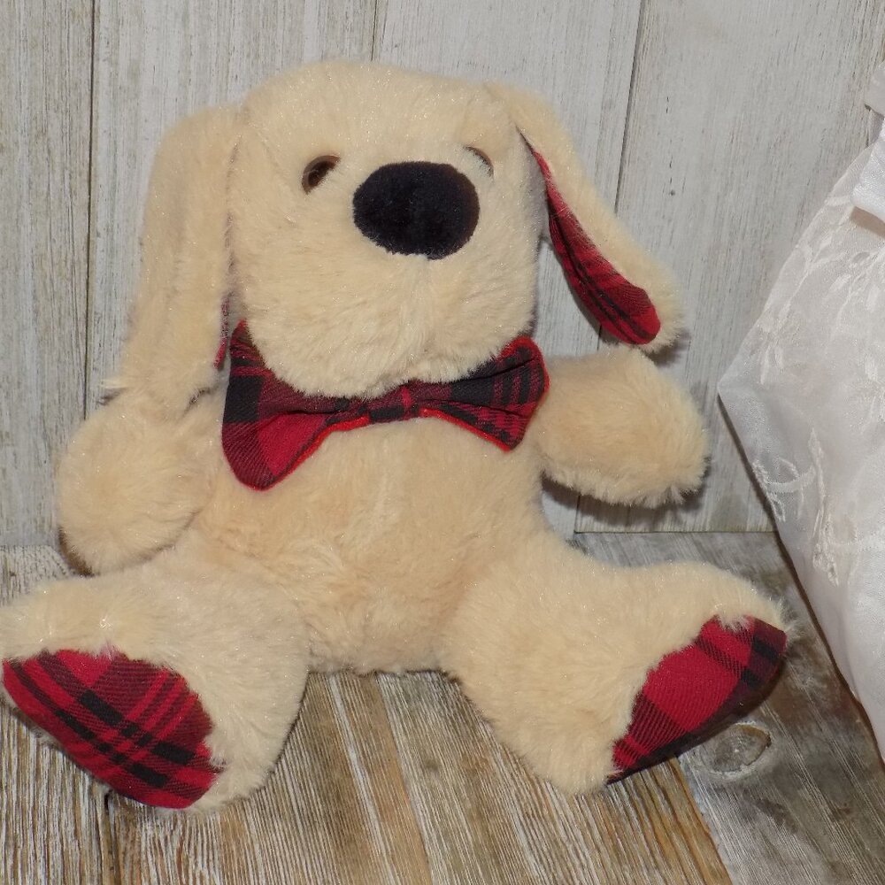 PUPPY PLUSH TAN RED PLAID PAWS STUFFED ANIMAL